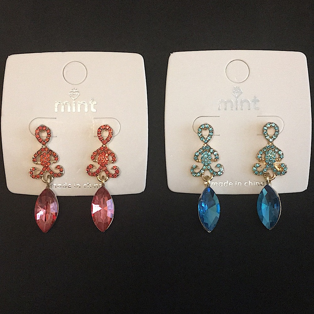 Mint Rhinestones Earrings Lot of 2 Pair of Earrings Blue and Pinkish Stones NWT
